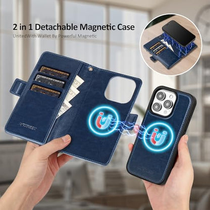 Antsturdy Compatible with MagSafe iPhone 14 Pro Wallet Case,Dark Blue | Detachable Magnetic Credit Card Holder,RFID Blocking,PU Leather Zipper Purse,Wrist Strap Kickstand,Flip Phone Cover for Women - color: (Detachable with Magsafe)-Dark Blue