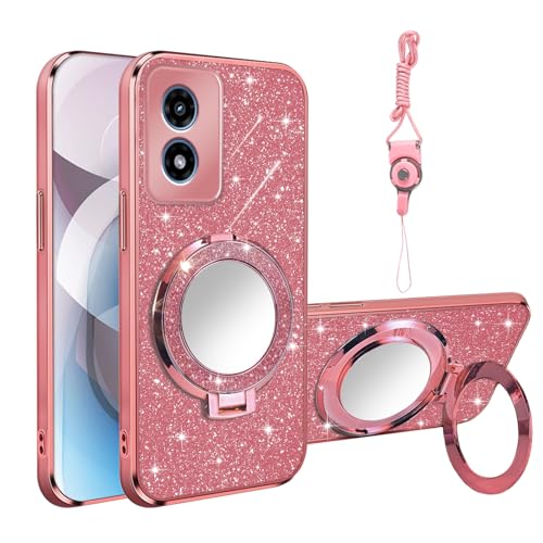 Phone Case for Moto G Play 4G 2024 with Ring Holder Kickstand [Mirror & Lanyard], Women Girls Plating Bling Clear Soft Shockproof Cover Magnetic Case for Moto G Play 4G 2024, Rose Gold - color: Rose Gold, size: Motorola Moto G Play 4G 2024