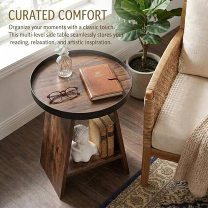 2-Tier Round End Table with 17.7 inch Tray Top, Rustic Brown - color: Rustic Brown