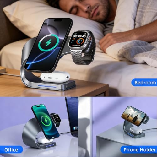 3 in 1 Wireless Charging Station with Cooling for iPhone, Watch & AirPods - color: Gray