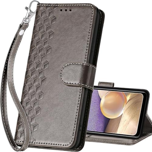 for Samsung Galaxy A32 5G Wallet case, Gray-Cube | 3 Card Holders, Kickstand, Shockproof TPU Shell, PU Leather, Magnetic Closure, Protective Flip Folio Cover, Women - color: 10