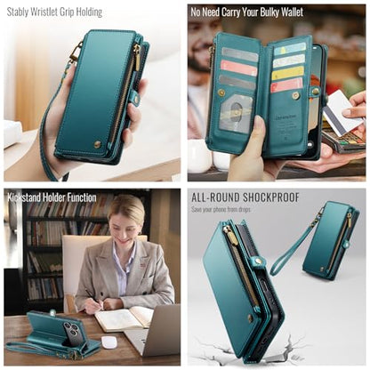 Defencase for iPhone 17 Pro Max Wallet Case with RFID Card Holder, Green | Durable Soft PU Leather, with Zipper Pocket, Wrist Strap, Fashion Snap Flip Phone Cases Cover with Stand for Women and Men - color: Blue Green