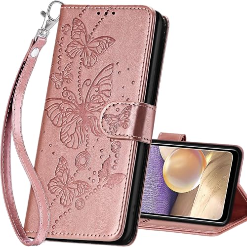 for Samsung Galaxy A32 5G Wallet case, Rose Gold-Butterfly | 3 Card Holders, Kickstand, Shockproof TPU Shell, PU Leather, Magnetic Closure, Protective Flip Folio Cover, Women - color: 6
