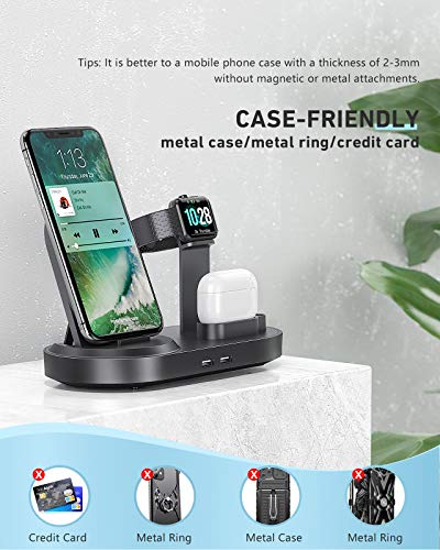 4 in 1 Wireless Charging Station, Fast Charging Dock Stand with 2 USB Ports for Apple Watch, AirPods, Cell Phones, Wireless Charger Compatible with iPhone 12/13/14/15/16 (Gary)