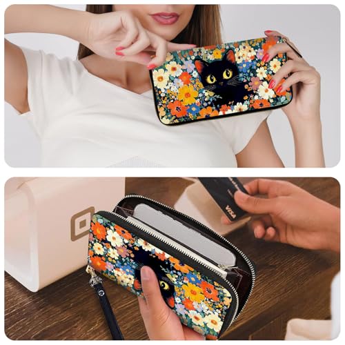 Ladies Wallet,Clutch Purses for Women Wallets Leather Credit Card Holder for Women Wristlet Slim Small Cute with Zipper,Thin RFID Blocking with Wrist Strap,Flower Black Cat - color: Flower Black Cat