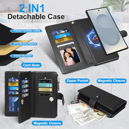 Magnetic Case for Samsung Galaxy S25 Ultra Wallet Compatible with Magsafe RFID Blocking Card Holder Detachable Phone Cover Kickstand Snap Strap Zipper Pocket PU Leather (Black) - color: Black, size: Galaxy S25 Ultra