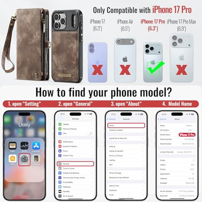 Compatible with iPhone 17 Pro Wallet Case with Magsafe with Zipper & Card Holder Strap Wristlet Detachable Magnetic Protective Back Case for iPhone 17 Pro 5G 6.3 Inch (Brown) - color: (Detachable and Magsafe)-Brown, size: iPhone 17 Pro 6.3 Inch