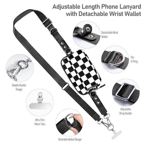 Tiostep Clip and Go Strap for Phone with Wallet Crossbody Phone Lanyard Adjustable and Detachable RFID Wristlet Wallet (Black White Checkered, Large) - color: Black White Checkered, size: Large