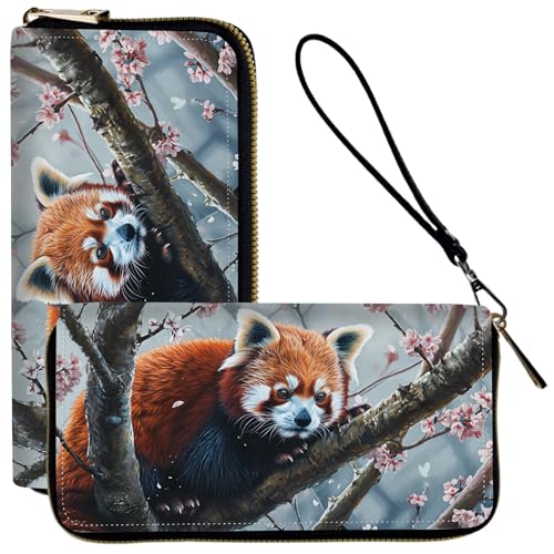 Ladies Wallet,Clutch Purses for Women Wallets Leather Credit Card Holder for Women Wristlet Slim Small Cute with Zipper,Thin RFID Blocking with Wrist Strap,Cute Raccoon Tree - color: Cute Raccoon Tree