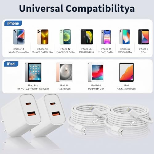 10FT iPhone Lightning Cable[Apple MFi Certified]2Pack 20W Apple Lightning Charger Dual Port USBA+C Charge Block with 10FT iPhone Fast Charging Woven Cable Cord for iPhone14/13/12/11/XS/XR/X/8/7/SE2022