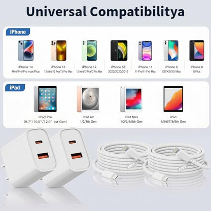 10FT iPhone Lightning Cable[Apple MFi Certified]2Pack 20W Apple Lightning Charger Dual Port USBA+C Charge Block with 10FT iPhone Fast Charging Woven Cable Cord for iPhone14/13/12/11/XS/XR/X/8/7/SE2022