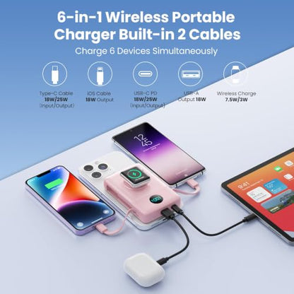 Ekrist Magnetic Portable Charger 10800mAh for MagSafe with Built-in Cable,iWatch Charger,Wireless Power Bank Travel Essentials,25W Fast Charging Battery Pack for iPhone 17/16/15/14,Apple Watch(Pink) - color: Pink