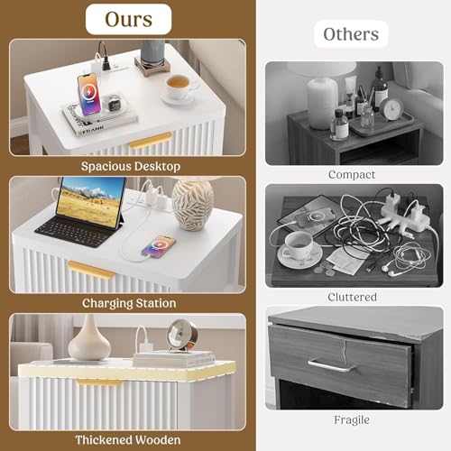 Night Stand Set 2, Fluted Wood Nightstands w/Charging Station for Bedroom - color: White, size: 1 Drawer-Set of 2 Nightstand
