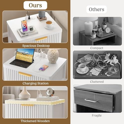 Night Stand Set 2, Fluted Wood Nightstands w/Charging Station for Bedroom - color: White, size: 1 Drawer-Set of 2 Nightstand