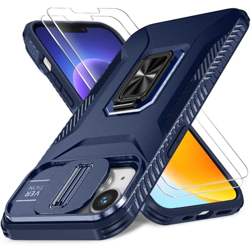 [2 Cases] Case for iPhone 16 (A - Blue) & iPhone 13/14 (Blue) with Slide Camera Cover + Screen Protector, Rotated Ring Kickstand Military Grade Shockproof