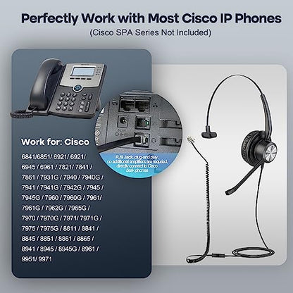 MKJ Cisco Phone Headset Corded RJ9 Telephone Headset Noise Canceling Mic