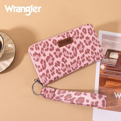 Wrangler Pink Wallet for Women Ladies Female Leopard Print Large Wristlet Wallets, Card Cases & Money Organizers Clutch Phone Wallets Western Credit Card Zipper Wallet with RFID Lining - color: Leopard-Pink