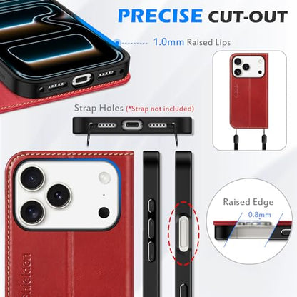 SHIELDON Genuine Leather Case Wallet for iPhone 17 Pro 6.3" 2025, Retro Red | Flip Magnetic Cover, RFID Blocking, Credit Card Holder, Kickstand, Book Design, Full Protection, Shockproof Phone Shell - color: Retro Red