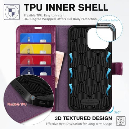 TUCCH Wallet Case for iPhone 16 Pro Max (6.9"), 4 Card Slots, Plum Purple | RFID Blocking, Viewing Stand, Shockproof TPU Shell, PU Leather, Magnetic Closure, Protective Folio Flip Cover - color: Plum Purple