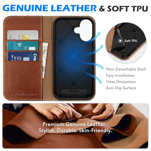 SHIELDON Genuine Leather Wallet Case for iPhone 16 6.1" 2024, Retro Brown | Magnetic Closure, RFID Blocking, Credit Card Holder, Viewing Stand, Folio Design, Shockproof Protective Cover - color: Retro Brown