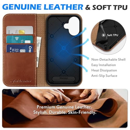 SHIELDON Genuine Leather Wallet Case for iPhone 16 6.1" 2024, Retro Brown | Magnetic Closure, RFID Blocking, Credit Card Holder, Viewing Stand, Folio Design, Shockproof Protective Cover - color: Retro Brown