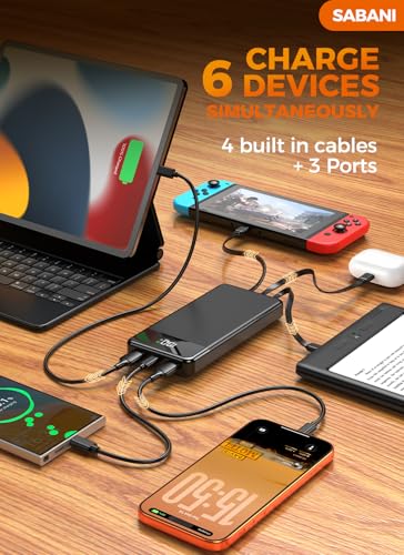SABANI Portable Charger 35000mAh Power Bank, 4 Built in Cable Big Capacity - color: Sooty