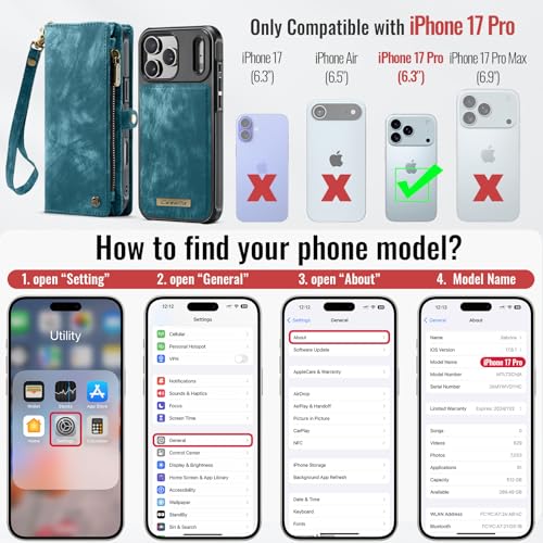 Compatible with iPhone 17 Pro Wallet Case with Magsafe,Blue | Magnetic Detachable Case,Card Holder,Zipper Pocket,Strap Wristlet, Soft Leather Drop-Proof Phone Case for iPhone 17 Pro 6.3" - color: (Detachable and Magsafe)-Blue, size: iPhone 17 Pro 6.3 Inch
