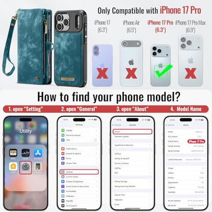 Compatible with iPhone 17 Pro Wallet Case with Magsafe,Blue | Magnetic Detachable Case,Card Holder,Zipper Pocket,Strap Wristlet, Soft Leather Drop-Proof Phone Case for iPhone 17 Pro 6.3" - color: (Detachable and Magsafe)-Blue, size: iPhone 17 Pro 6.3 Inch
