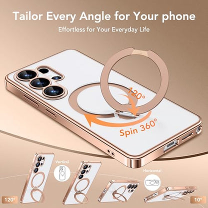 GolbinBox Magnetic for Samsung Galaxy S26 Ultra Case with 360° Spin Stand | [Compatible with MagSafe][Military Drop Protection] Shockproof Galaxy S26 Ultra Phone Cover with Kickstand, Rose Gold/Clear - color: Rose Gold/Clear