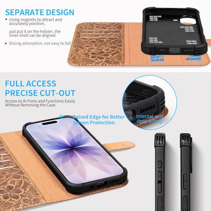 Genuine Leather Wallet Case for iPhone 17, Brown | 2-in-1 Magnetic Detachable, Flip Folio Cover, Card Slots, RFID Blocking, Shockproof Protection - color: Brown, size: 17 6.3‘’