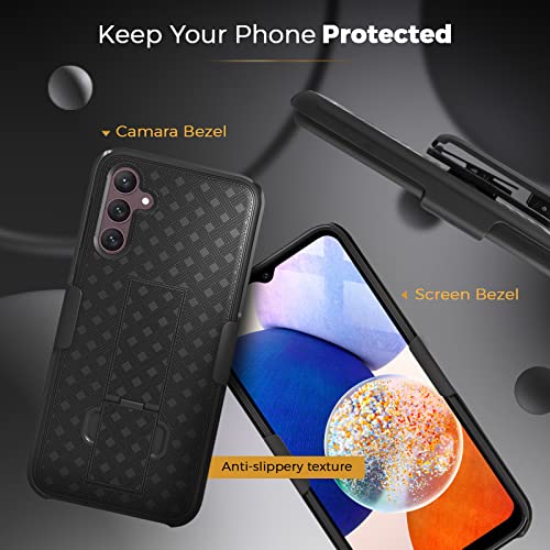 MOTIVE for Samsung Galaxy A14 Case with Belt Clip, Rigid, Kickstand | 6.6" | Ranger v1 Series, Black, 360° holster, open-top/open-bottom port access, textured grip, slim design - size: A14