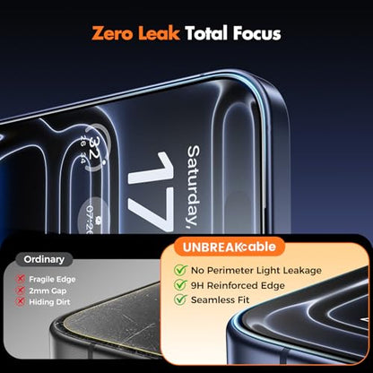UNBREAKcable for iPhone 17 Pro Screen Protector, 3-Pack Full Coverage Tempered Glass [Military Grade Shatterproof] [9H Hardness] [Easy Installation] [Bubble Free] [99.99% HD Clear] for iPhone 17 Pro - size: iPhone 17 Pro