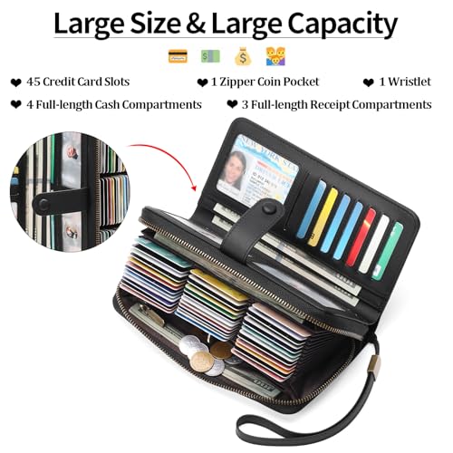 GAEKEAO Leather Credit Card Holder Wallet for Women RFID Blocking Large Capacity Bifold Zipper Card Case Organizer with Wristlet 45 Slots - color: Black02