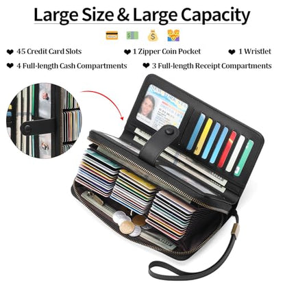 GAEKEAO Leather Credit Card Holder Wallet for Women RFID Blocking Large Capacity Bifold Zipper Card Case Organizer with Wristlet 45 Slots - color: Black02