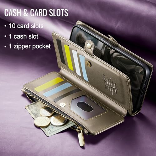 Defencase for iPhone 16 Pro Max Wallet Case with RFID Card Holder, Titanium | Durable Soft PU Leather, with Zipper Pocket, Wrist Strap, Fashion Snap Flip Phone Cases Cover with Stand for Women and Men - color: Desert Titanium
