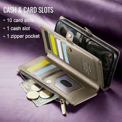 Defencase for iPhone 16 Pro Max Wallet Case with RFID Card Holder, Titanium | Durable Soft PU Leather, with Zipper Pocket, Wrist Strap, Fashion Snap Flip Phone Cases Cover with Stand for Women and Men - color: Desert Titanium