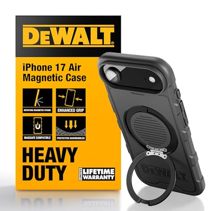 DEWALT Compatible iPhone 17 Air Magnetic Case with Stand, Rugged Shockproof Cover w/ 360° Rotatable Ring Holder, Compatible with MagSafe iPhone 17 Air Case Kickstand, Heavy-Duty Protective Black - size: iPhone 17 Air