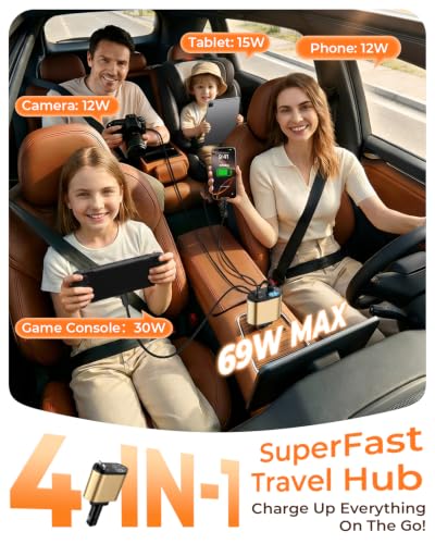 4 in 1 Retractable Car Charger, USB C Fast Charging Adapter, Gold - color: Gold