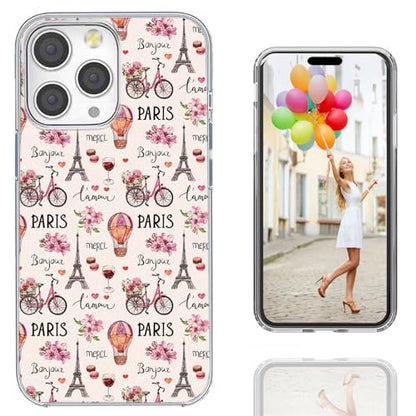 for iPhone 14 Pro Max Case for Women Girl, Full Protective Shockproof Slim Soft TPU Clear Phone Cover Cases Design for iPhone 14 ProMax,Pink Flower Bicycle France Paris Eiffel Tower Balloon - color: France Paris Eiffel Tower Balloon