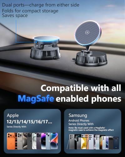 15W MagSafe Car Charger Mount, Magnetic Wireless Car Phone Holder with Dual Input Port, Vacuum Suction & Nano Adhesive Base, 360° Rotation Stable Car Charging Stand for iPhone 12-17, Samsung S26