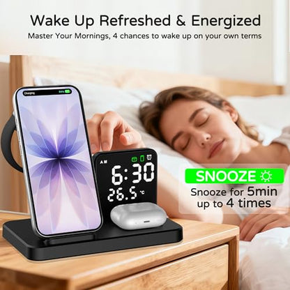 5 in 1 Wireless Charging Station with Alarm Clock Pen Holder, Fast Wireless Charger for iPhone 17/16/15/14/13/12/Pro/Max/Air, for iWatch & AirPods, Charger Stand with Temperature, Snooze Model White - color: WHITE