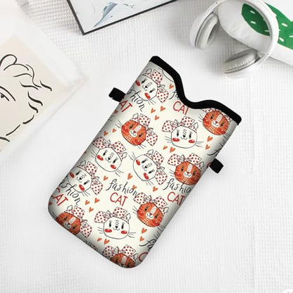 Men Women Neoprene Cell Phone Sleeve Pouch Case Bag with Crossbody Strap/Neck Lanyard 7.5 X 4.3 in (Cute Bowtie Cat Print Pattern) - color: Cute Bowtie Cat Print Pattern