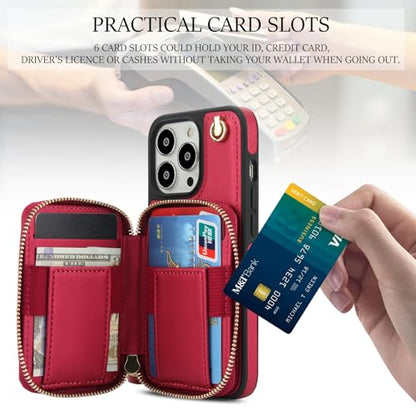 Phone Case for iPhone 14 Pro 6.1 inch Wallet Cell Cover with Tempered Glass Screen Protector Wrist Crossbody Strap RFID Blocking Card Holder TPU iPhone14Pro 5G i i-Phone i14 iPhone14 4 14Pro Women Red - color: Red