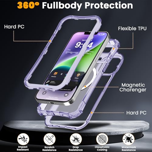WRJ Magnetic Clear for iPhone 13 Case,iPhone 14 Case,[Compatible with MagSafe][Military Grade Drop Protection] Transparent Full Body Shockproof Protective Phone Case-Violet - color: Violet, style: Transparent