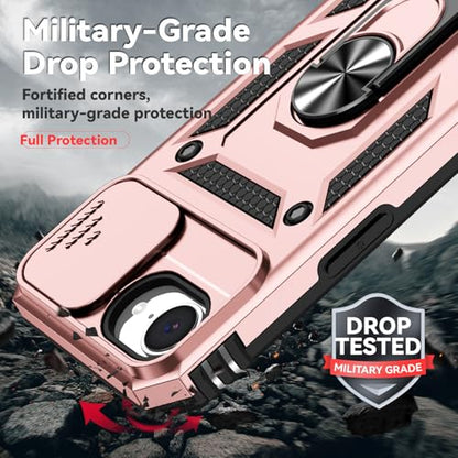 for iPhone 17E / iPhone 16E Case, with Camera Lens Cover HD Screen Protector, Dual Layer Military-Grade Drop Tested Magnetic Ring Holder Kickstand Protective Phone Case for iPhone 16E /17E (Rose Gold) - color: Rose Gold with camera cover Military-Grade 2n