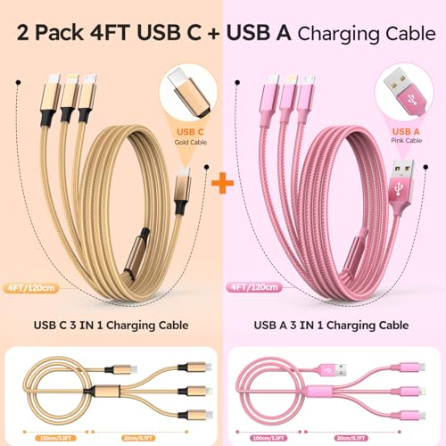 USB A/C Multi Charger Cable，3 in 1 Charging Cable for Multiple Devices - color: Pink+Gold