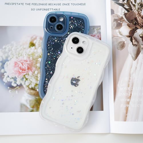 Glitter case for iPhone 13/14 Wavy Edge Blue | Bling Sparkle Glitter，Wavy Edge，Full Protection Soft TPU，Kawaii Cute Phone Case for Women Girls - color: Blue