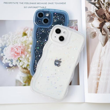 Glitter case for iPhone 13/14 Wavy Edge Blue | Bling Sparkle Glitter，Wavy Edge，Full Protection Soft TPU，Kawaii Cute Phone Case for Women Girls - color: Blue
