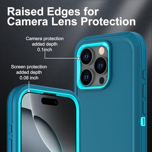 YKHJKLEC for iPhone 16 Pro Case, Military Grade 3 in 1 Heavy Duty Shockproof/Drop Proof/Dust Proof Case with 2Pcs Tempered Glass Screen Protector (Blue/Turquoise) - color: Blue/Turquoise