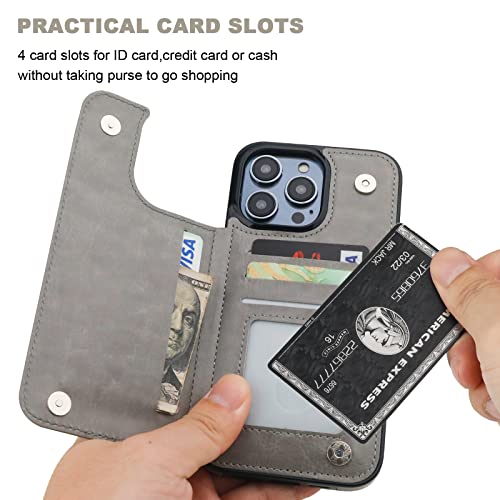 ONETOP for iPhone 14 Pro Max Wallet Case with Credit Card Holder,Gray | Kickstand,ID/Cash Holder,Case Wallet with Card Slots,Double Magnetic Clasp,Durable PU Leather Shockproof Cover for Women Men - color: Gray